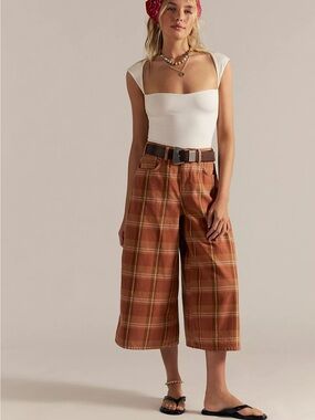 We The Free High Top Wide Crop Plaid Jeans orange 26 boho denim